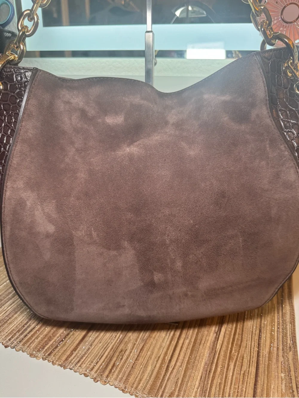 Michael Kors Taupe Suede Hobo with Gold MK Charm